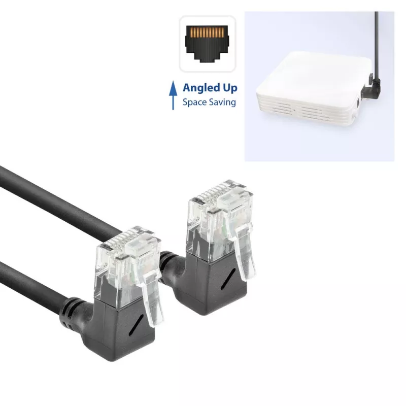 Cabo de rede ACT preto 1 metro U/UTP CAT6A LSZH Slimline com fichas RJ45 90° angular para cima a 90° angular para cima