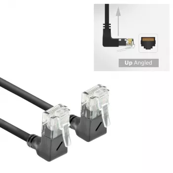 Cabo de rede ACT preto 5 metros U/UTP CAT6A LSZH Slimline com fichas RJ45 90° angular para cima a 90° angular para cima