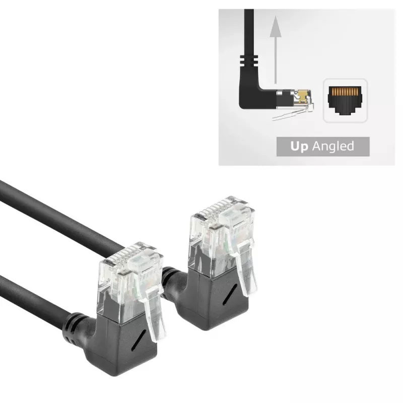 Cabo de rede ACT preto 5 metros U/UTP CAT6A LSZH Slimline com fichas RJ45 90° angular para cima a 90° angular para cima