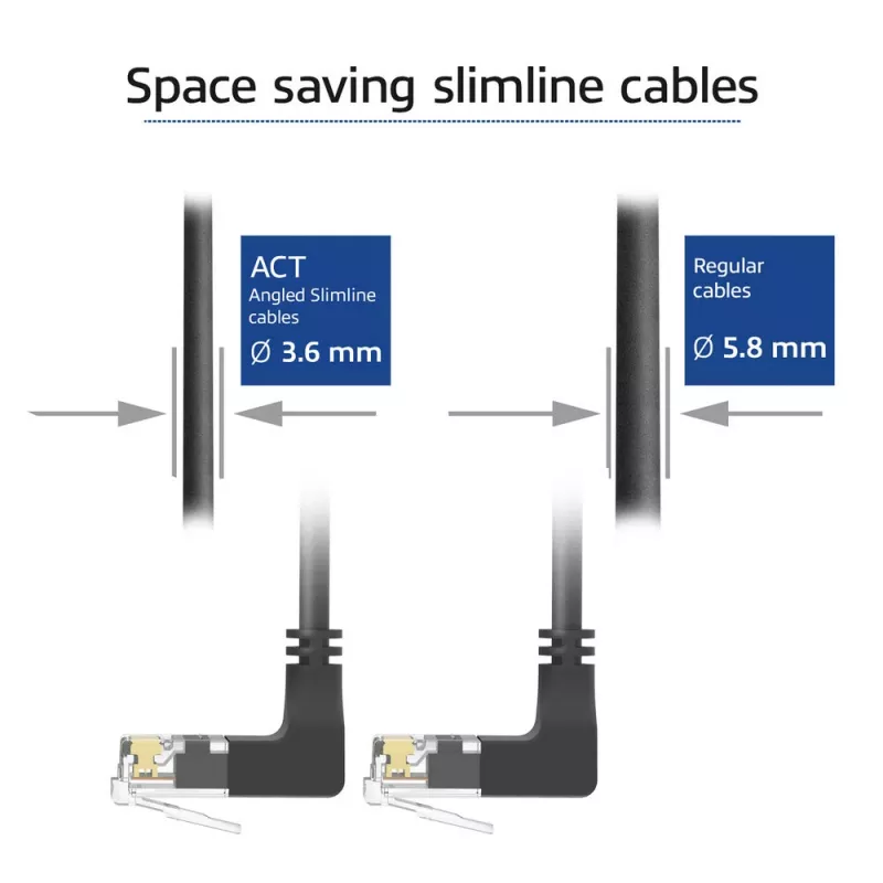Cabo de rede ACT preto 0,15 metros U/UTP CAT6A LSZH Slimline com fichas RJ45 90° angular para cima a 90° angular para cima