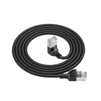 Cabo de rede ACT preto 2 m U/FTP CAT6A LSZH Slimline com fichas RJ45 90° angular para baixo para reto