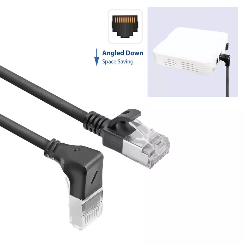 Cabo de rede ACT preto 3 m U/FTP CAT6A LSZH Slimline com fichas RJ45 90° angular para baixo para reto