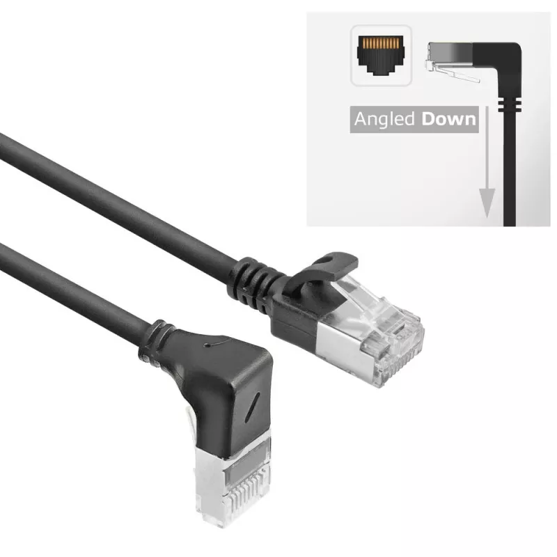 Cabo de rede ACT preto 5 m U/FTP CAT6A LSZH Slimline com fichas RJ45 90° angular (para baixo) para reto