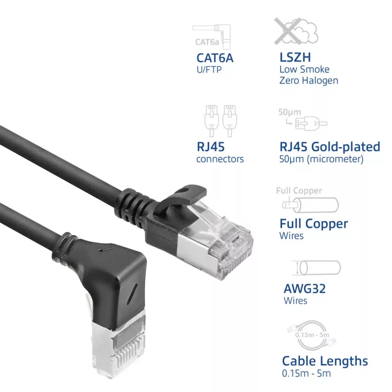 Cabo de rede ACT preto 5 m U/FTP CAT6A LSZH Slimline com fichas RJ45 90° angular (para baixo) para reto