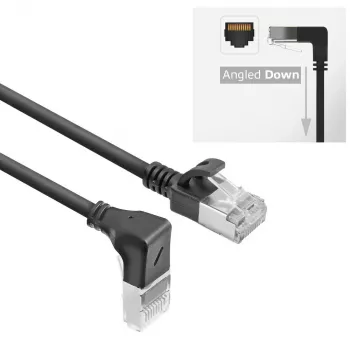 Cabo de rede ACT preto 0,15 m U/FTP CAT6A LSZH Slimline com fichas RJ45 90° angular para baixo para reto