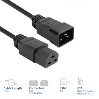 Cabo de alimentação ACT C20–C21 IEC60320 preto 2,5 m, 16 A, 250 V