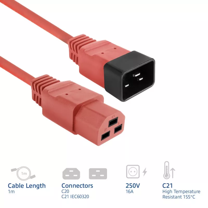 Cabo de alimentação ACT C20–C21 IEC60320 vermelho 1 m, 250 V 16 A