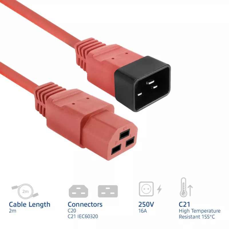 Cabo de alimentação ACT C20–C21 IEC60320 vermelho 2 m, 16 A 250 V