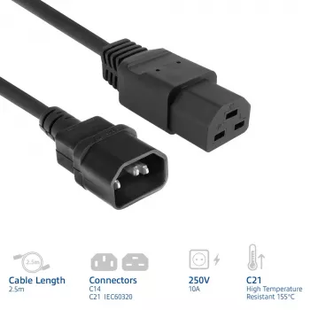 Cabo de alimentação ACT C14 para C21 IEC60320 preto 2,5 m, 250 V, 10 A
