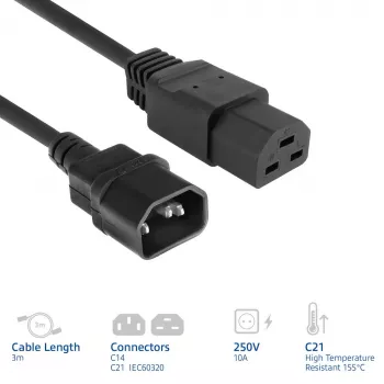Cabo de alimentação ACT C14 para C21 IEC60320 preto 3 m, 250 V 10 A