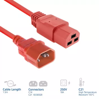 Cabo de alimentação ACT C14 para C21 IEC60320 vermelho 1,5 m, 250 V 10 A