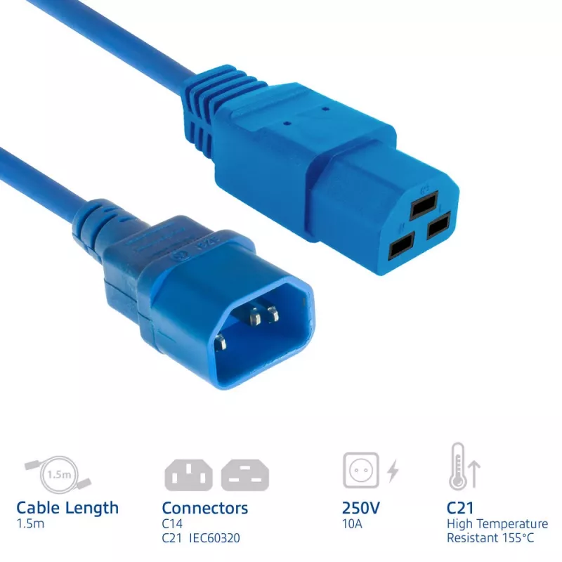 Cabo de alimentação ACT C14 para C21 IEC60320 azul 1,5 m, 250 V 10 A