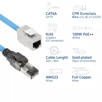Cabo de instalação pré-montado rígido ACT azul 85 metros S/FTP CAT6A B2ca PoE++ 100W, ficha RJ45 macho – fêmea