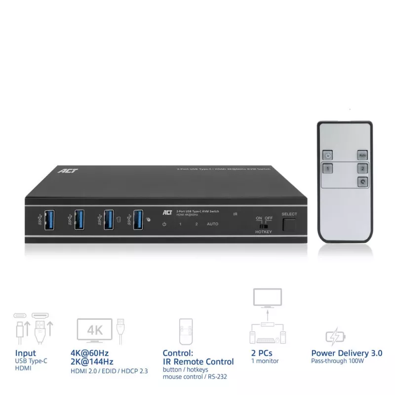 Comutador KVM ACT 2 portas USB-C/HDMI 4K@60Hz AC7922 com teclado/rato USB, vídeo HDMI, 100W PD
