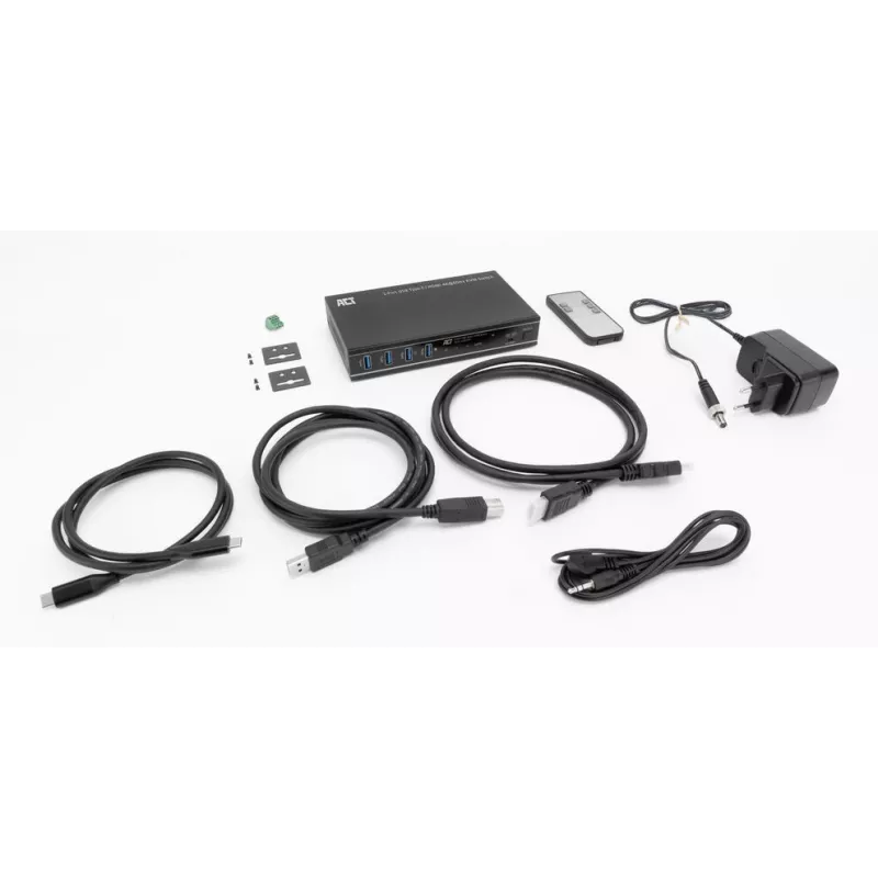 Comutador KVM ACT 2 portas USB-C/HDMI 4K@60Hz AC7922 com teclado/rato USB, vídeo HDMI, 100W PD