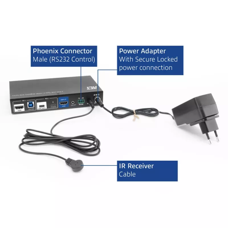 Comutador KVM ACT 2 portas USB-C/HDMI 4K@60Hz AC7922 com teclado/rato USB, vídeo HDMI, 100W PD