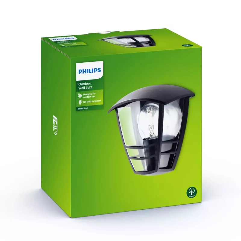 Philips myGarden Creek Aplique de parede 60W E27 sem lâmpada, aplique de parede exterior, Preto, Metal, IP44, Jardim, Terraço, II