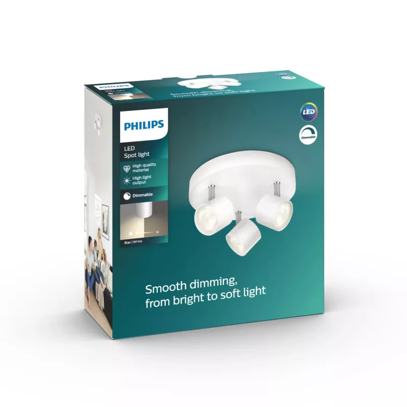 Luminária de teto/parede Philips Dimmable LED Star 3x 16,5 W, 2700 K, 1500 lm, IP20, branco