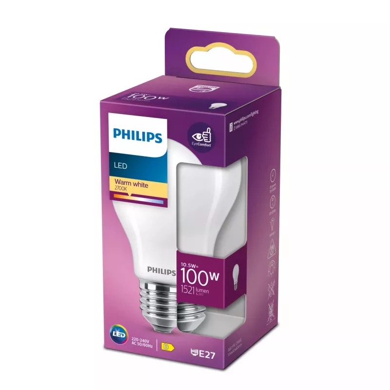 Lâmpada LED filamento Philips A60 E27 10,5W (equivalente a 100W), 1521 lm, 2700K, mate, 15.000 h