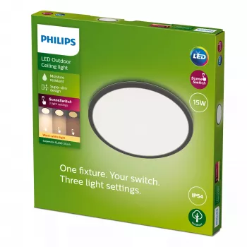 Philips Superslim Candeeiro de teto 15W, Preto, Metal, Plástico, IP54, Terraço, Jardim, II, Moderno