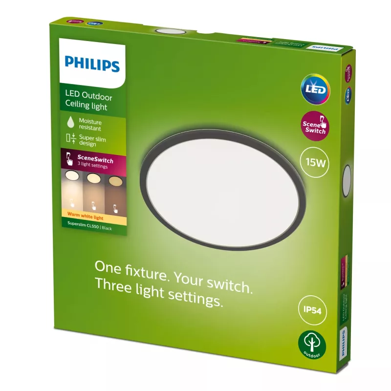Philips Superslim Candeeiro de teto 15W, Preto, Metal, Plástico, IP54, Terraço, Jardim, II, Moderno