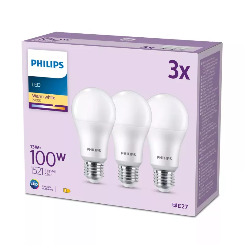 Philips Lâmpada 100W A65 E27 x3, 13 W, 100 W, E27, 1521 lm, 15000 h, Branco quente