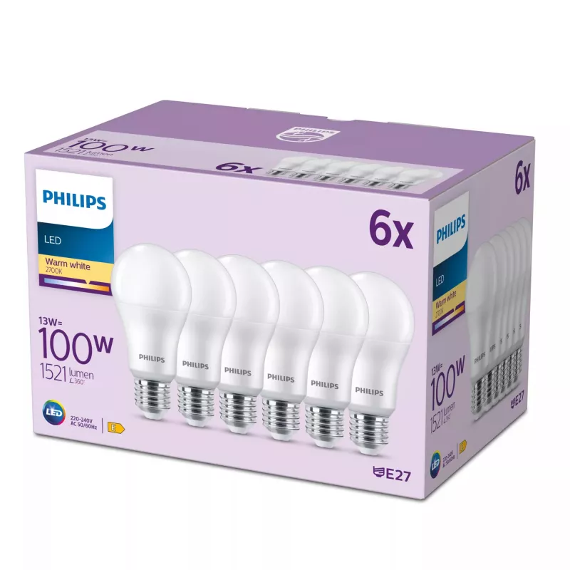 Philips Lâmpada 100W A65 E27 x6, 13 W, 100 W, E27, 1521 lm, 15000 h, Branco quente