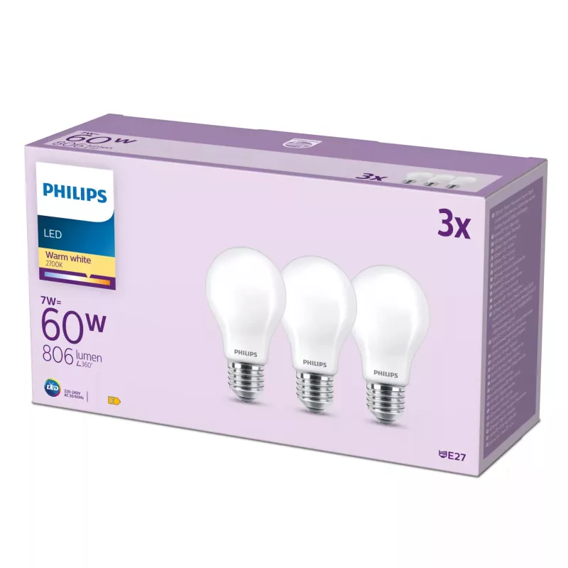 Philips lâmpada filamento mate 60W A60 E27 pack de 3, 7 W, 60 W, E27, 806 lm, 15000 h, branco quente