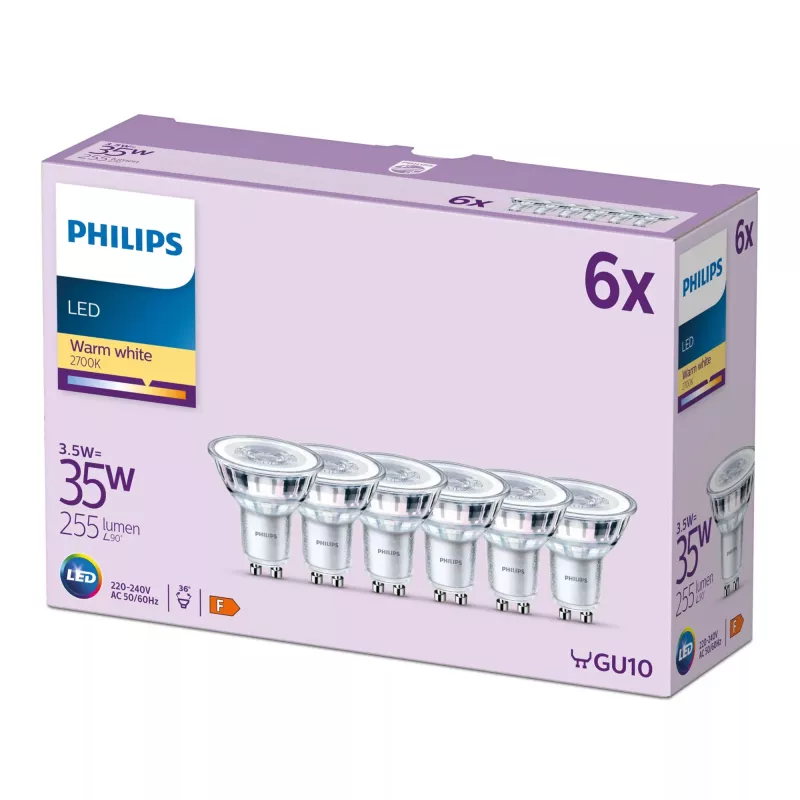 Philips spot 35W PAR16 GU10 x6, 3,5 W, 35 W, GU10, 255 lm, 15000 h, branco quente