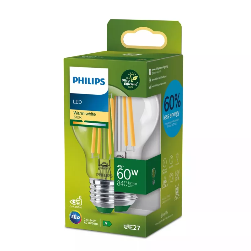 Philips lâmpada filamento transparente 60W A60 E27, 4 W, 60 W, E27, 840 lm, 50000 h, branco quente
