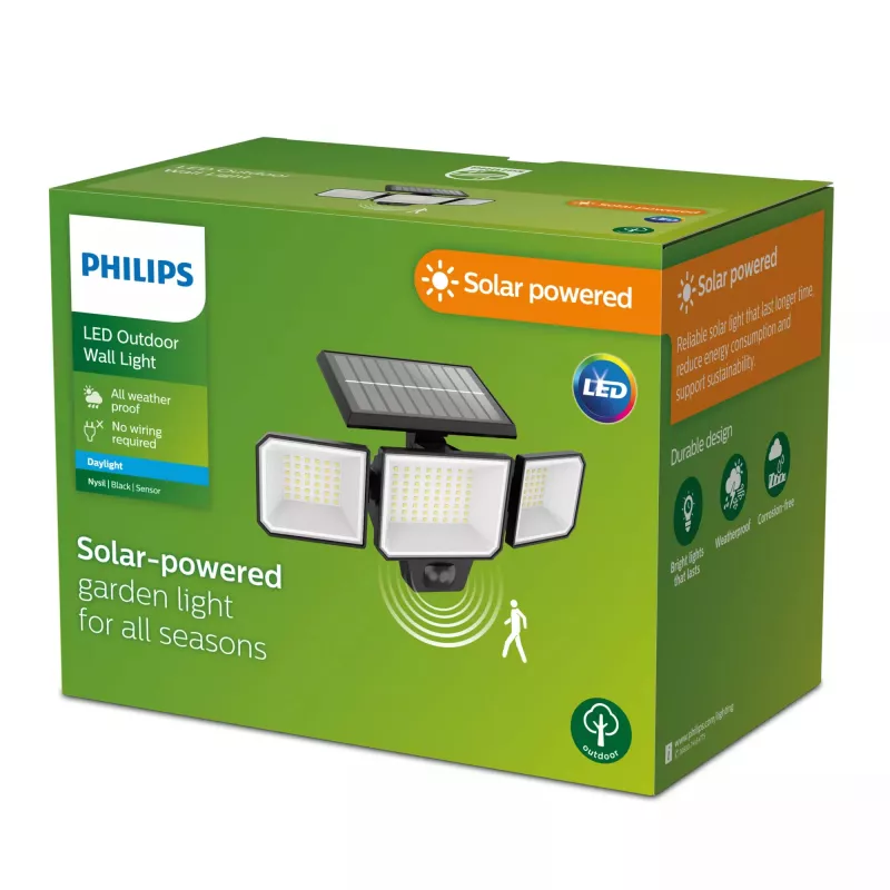 Iluminação de segurança Philips Securit 8,7 W LED solar 5000 K, pilha 4 V, caixa em plástico preto