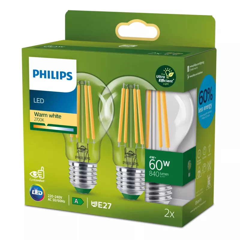 Philips lâmpada filamento transparente 60W A60 E27 x2, 4 W, 60 W, E27, 840 lm, 50000 h, branco quente