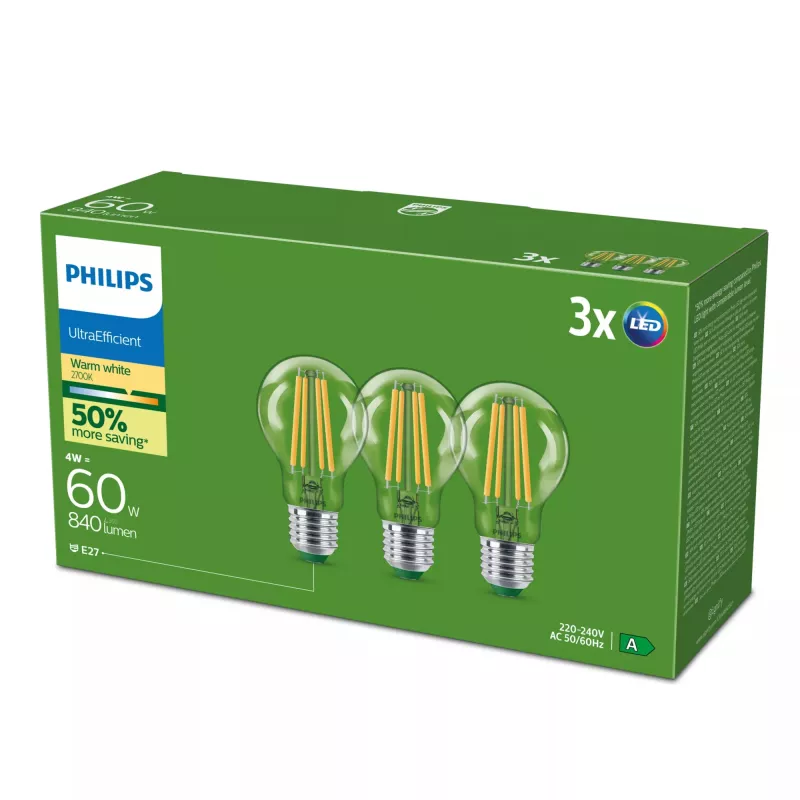 Lâmpada LED Philips Classic equivalente a 60 W, E27 transparente branco quente, pack de 3, classe energética A