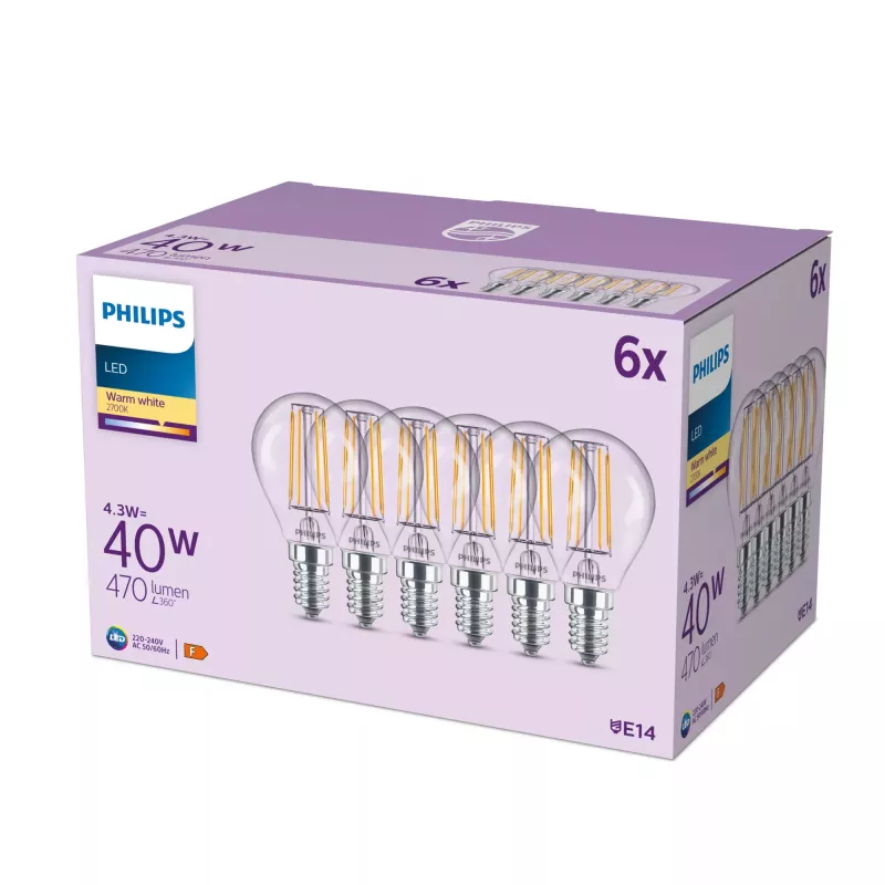 Philips lâmpada filamento vela transparente 40W P45 E14 x6, 4,3 W, 40 W, E14, 470 lm, 15000 h