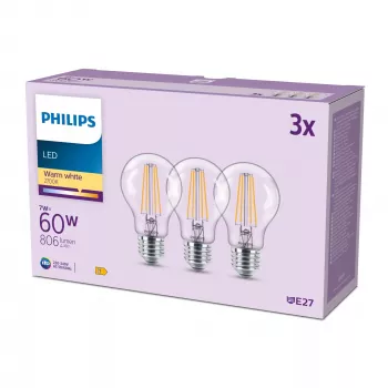 Lâmpada filamento Philips transparente 60 W A60 E27 x3, 7 W, 60 W, E27, 806 lm, 15000 h, branco quente