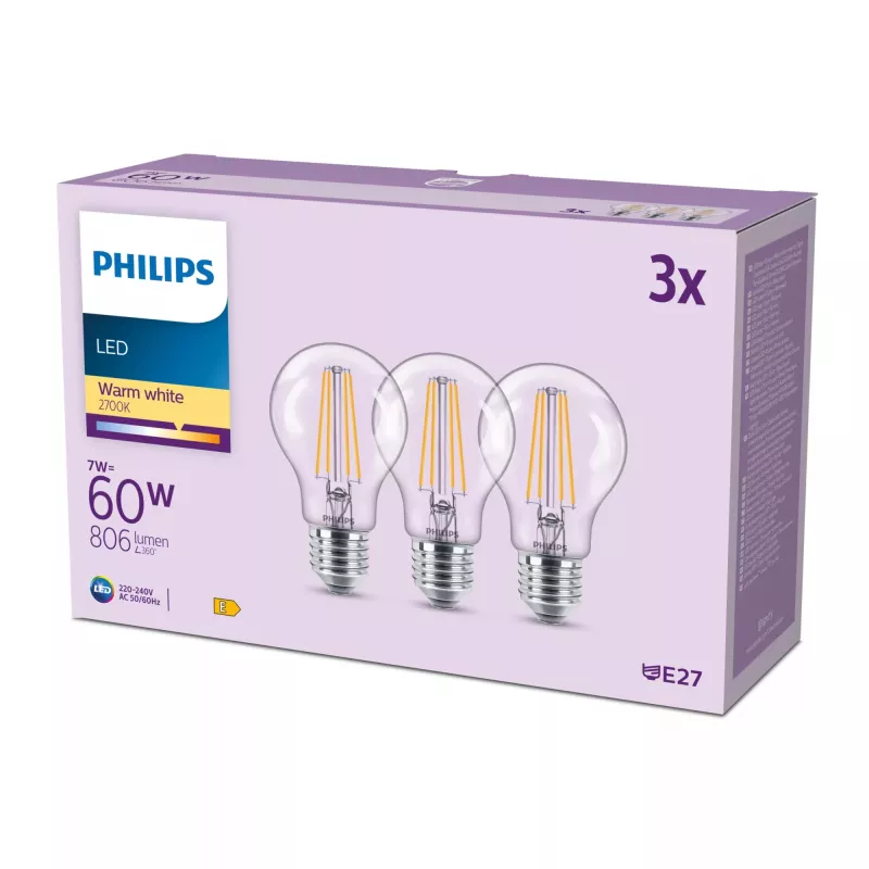 Lâmpada filamento Philips transparente 60 W A60 E27 x3, 7 W, 60 W, E27, 806 lm, 15000 h, branco quente