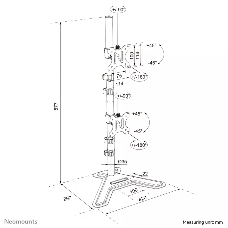 Suporte para dois monitores Neomounts DS45-600BL2V para 2 ecrãs de 10–32 polegadas, VESA 75x75–100x100, carga máx. 9 kg, autónomo, preto