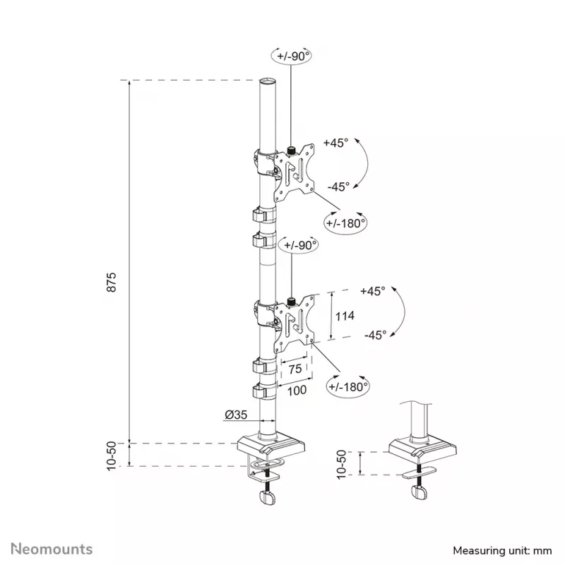 Braço para dois monitores Neomounts DS60-600BL2V de 10-32 polegadas, morsa/passagem de mesa, 9 kg, 25,4 cm (10 polegadas), 81,3 cm (32 polegadas), 100 x 100 mm, preto
