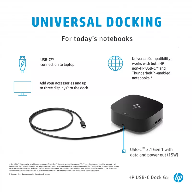 HP USB-C Dock G5 com fios USB 3.2 Gen 1 Type-C preto 100W