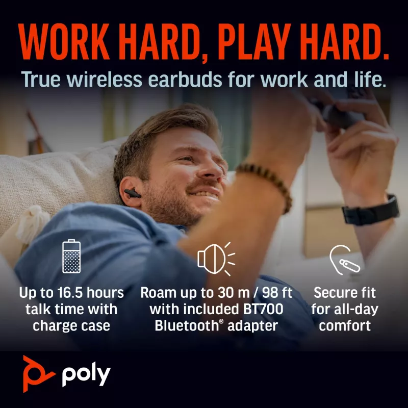 HP Poly Voyager Free 60+ UC Carbon preto auriculares + adaptador BT700 USB-C + estojo de carregamento com ecrã tátil