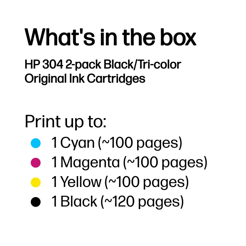 HP 304 pack de 2 tinteiros originais preto/tricolor, preto, ciano, magenta, amarelo, tinta pigmentada, 2 unid., 120 páginas, 100 páginas