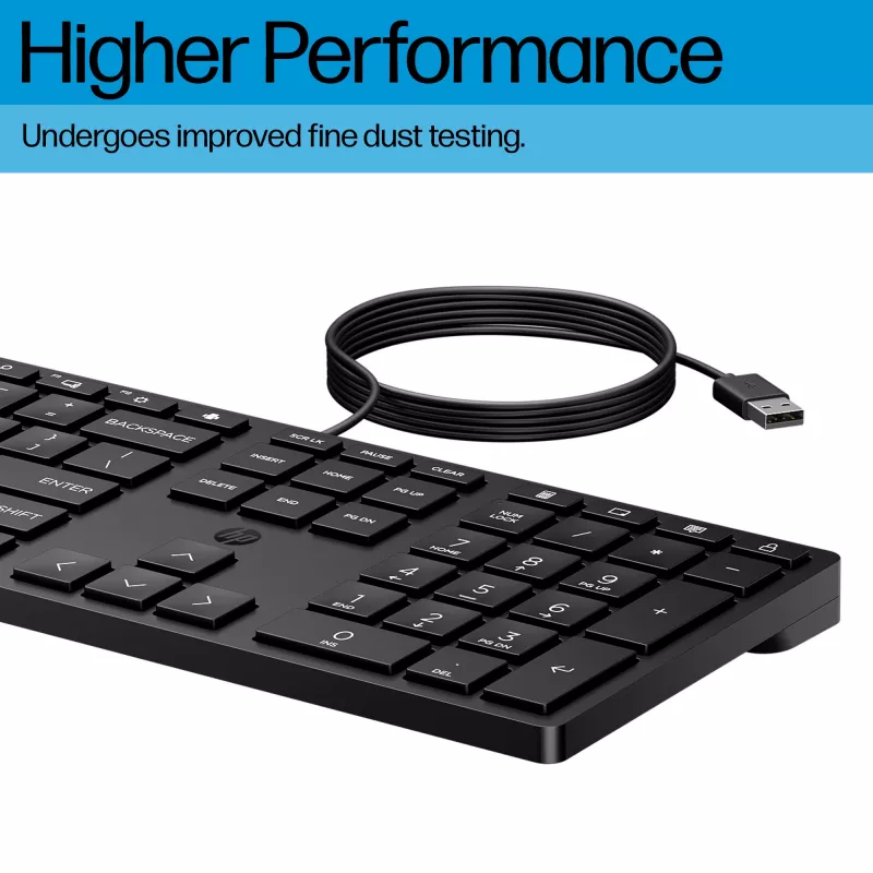 Teclado full-size USB com fios HP Wired Desktop 320K — preto, cabo 1,8 m