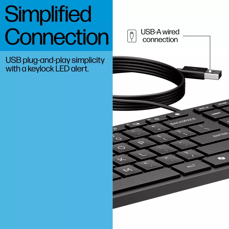Teclado com fios HP 320K – USB full-size, layout reto, cabo 1,8 m, preto