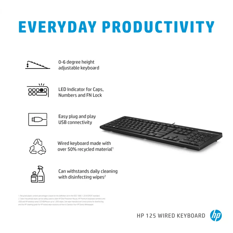 Teclado com fios HP 125 full-size USB membrana preto
