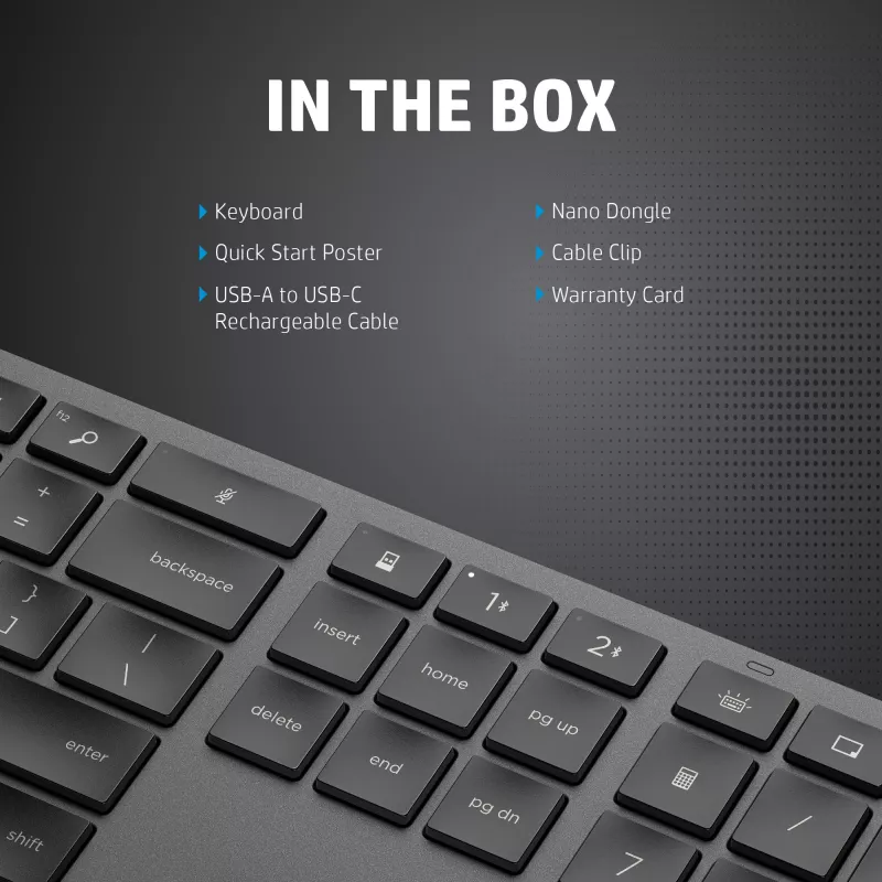 Teclado sem fios tamanho completo HP 975 — RF Wireless + Bluetooth, preto, layout 100%