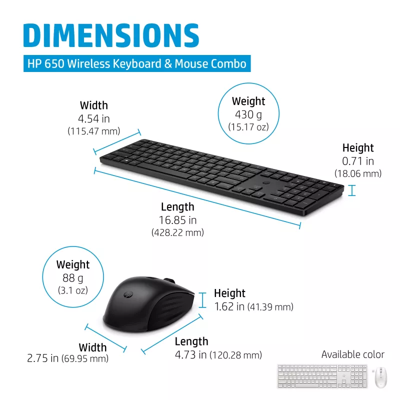 Conjunto de teclado e rato sem fios HP 650 tamanho completo membrana preto