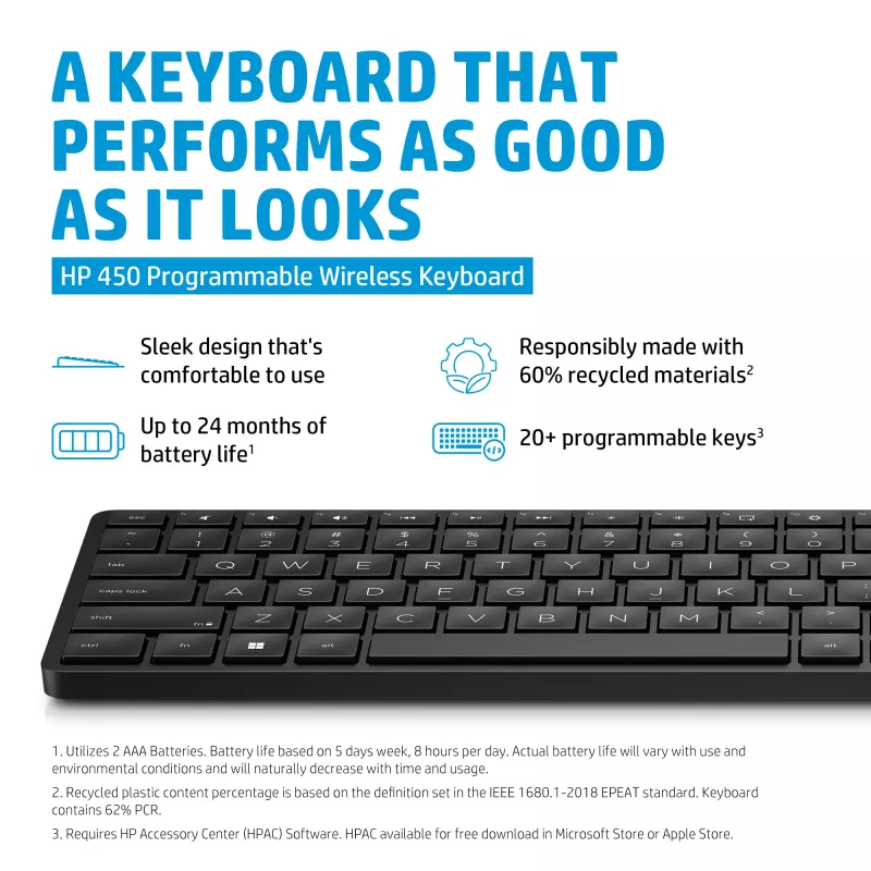 Teclado sem fios programável HP 450 tamanho completo RF Wireless USB preto