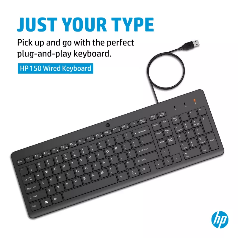 Teclado com fios HP 150 tamanho completo USB preto 664R5AA#ABD