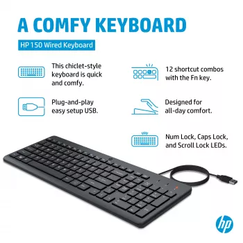 Teclado com fios HP 150 tamanho completo USB preto cabo de 1 m