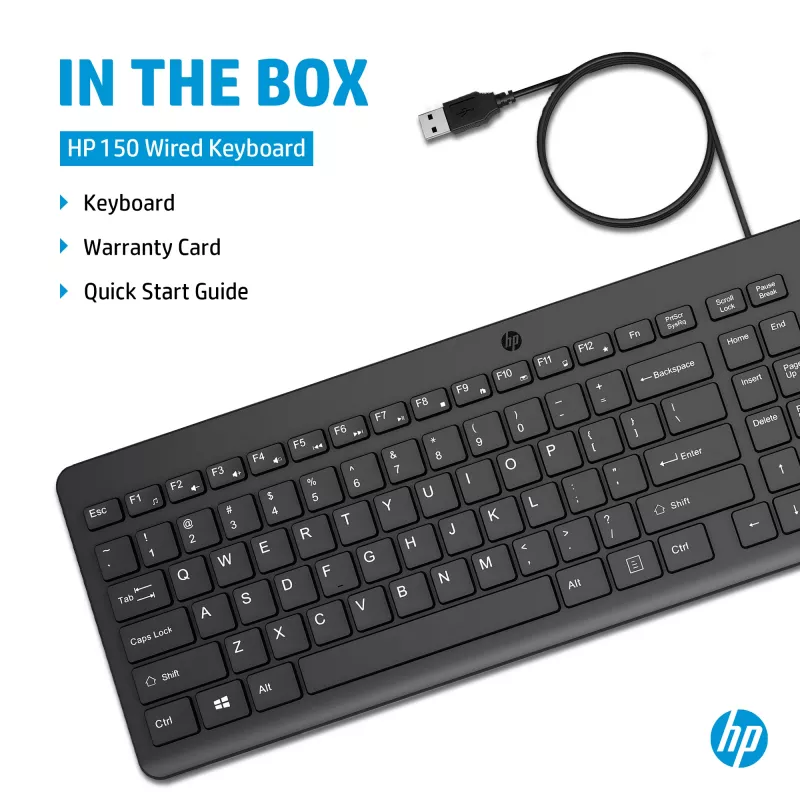Teclado com fios HP 150 tamanho completo USB preto cabo de 1 m